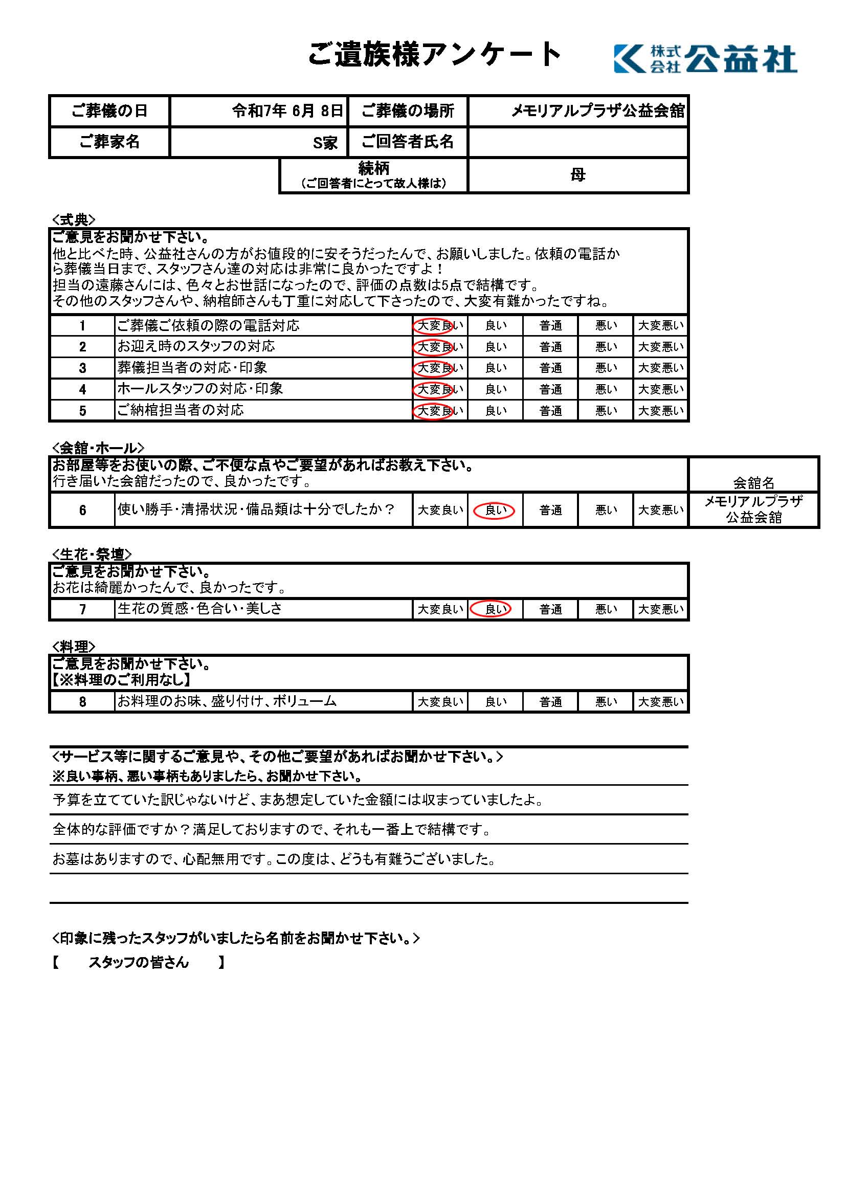 ご遺族様アンケート　彦根市　S様